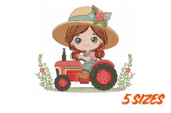 Download Cute Girl on Red Tractor Embroidery Art - Art Collection