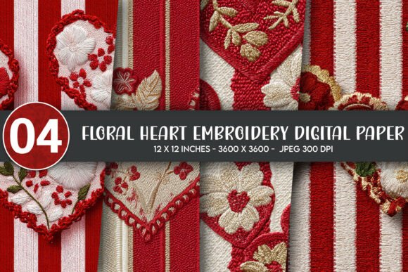 Download Floral Heart Embroidery Digital Paper - Art Collection