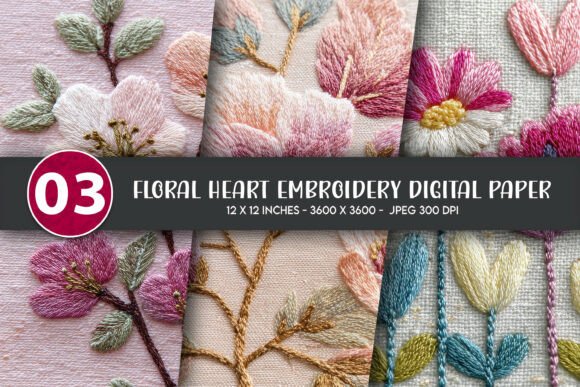 Download Floral Heart Embroidery Digital Paper - Art Collection