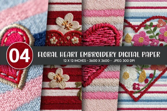 Download Floral Heart Embroidery Digital Paper - Art Collection